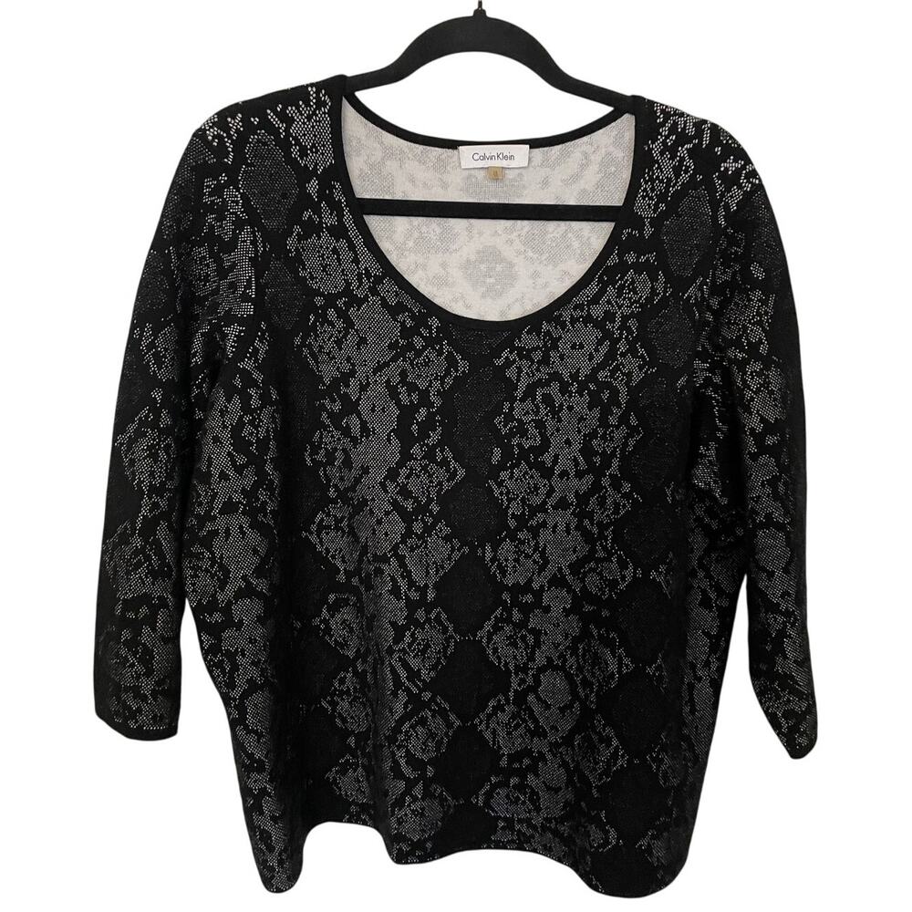 Calvin Klein Womens Shirt Plus Sized 1X Long Sleeve Black Gray Geometric Pattern